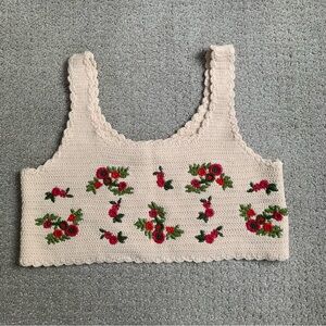 Cream Crochet Embroidered Floral Crop Bra Top Shirt Granny Core Fits XS